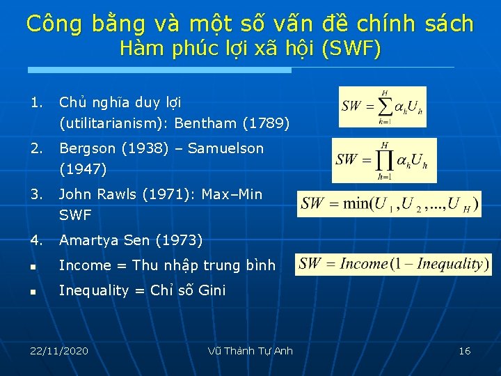 Công bằng và một số vấn đề chính sách Hàm phúc lợi xã hội