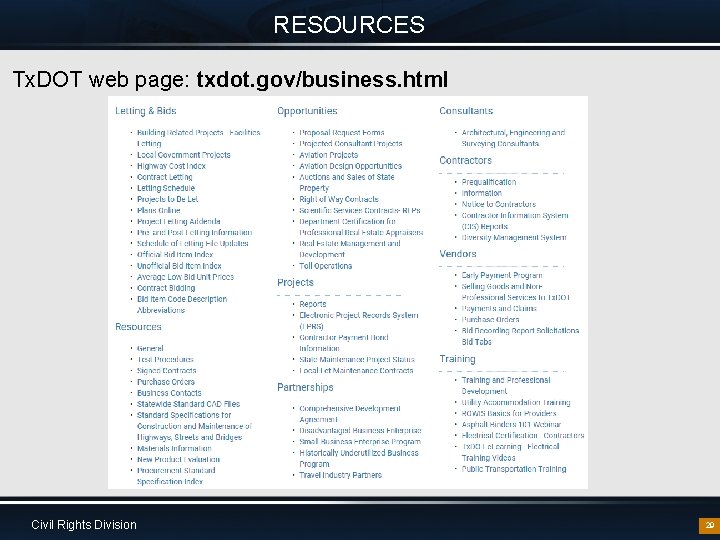 RESOURCES Tx. DOT web page: txdot. gov/business. html Civil Rights Division 29 