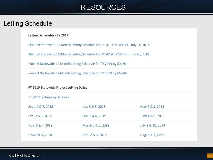 RESOURCES Letting Schedule Civil Rights Division 30 