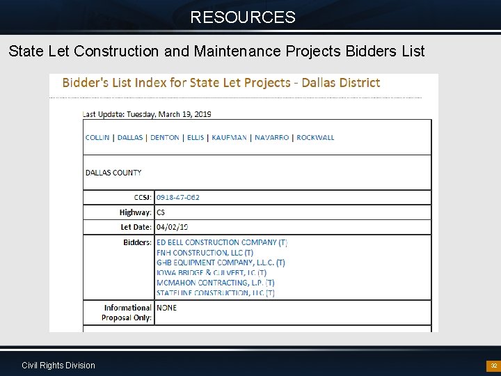 RESOURCES State Let Construction and Maintenance Projects Bidders List Civil Rights Division 32 