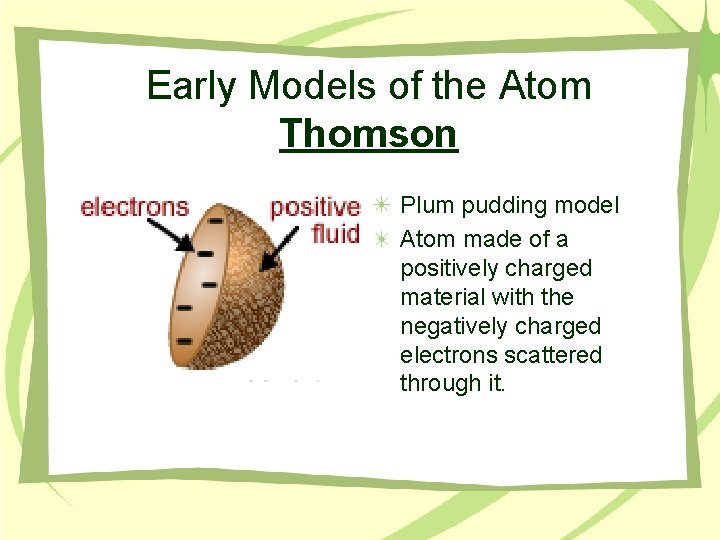 Early Models of the Atom Thomson Plum pudding model Atom made of a positively