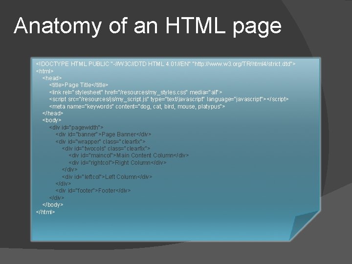 Anatomy of an HTML page <!DOCTYPE HTML PUBLIC "-//W 3 C//DTD HTML 4. 01//EN"