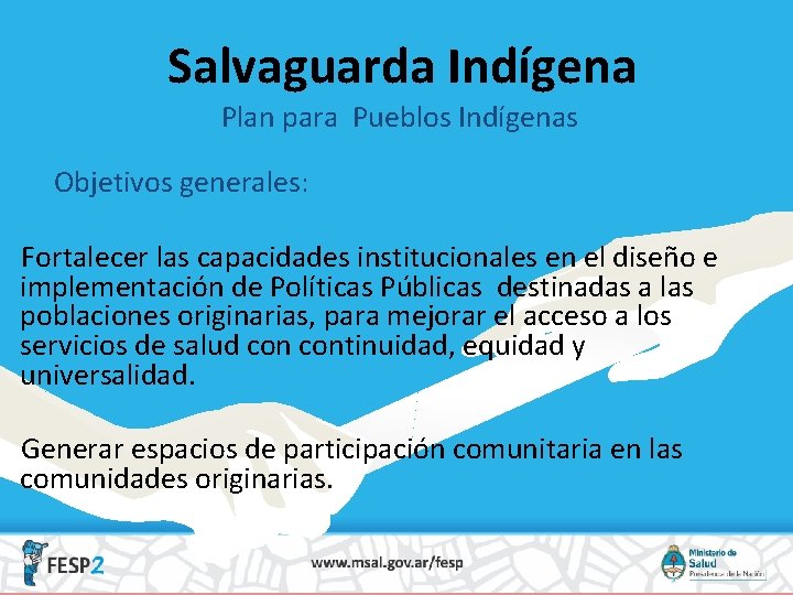 Salvaguarda Indígena Plan para Pueblos Indígenas Objetivos generales: Fortalecer las capacidades institucionales en el