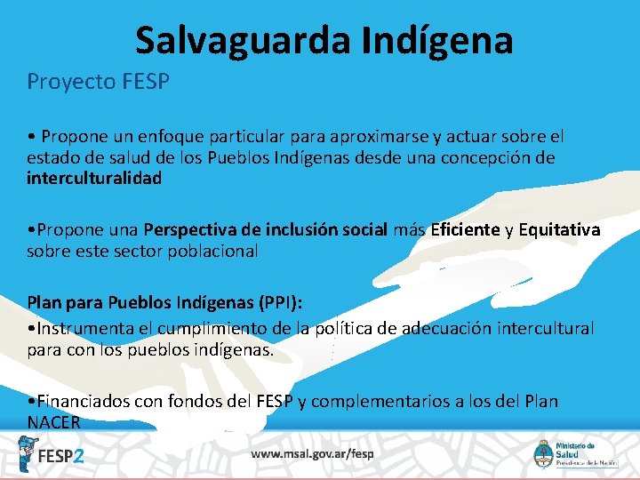 Salvaguarda Indígena Proyecto FESP • Propone un enfoque particular para aproximarse y actuar sobre