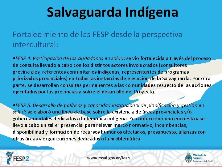 Salvaguarda Indígena Fortalecimiento de las FESP desde la perspectiva intercultural: • FESP 4. Participación