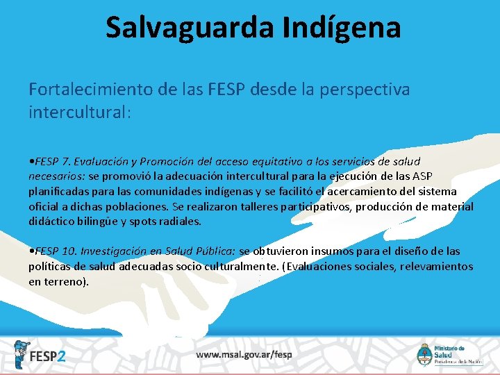 Salvaguarda Indígena Fortalecimiento de las FESP desde la perspectiva intercultural: • FESP 7. Evaluación