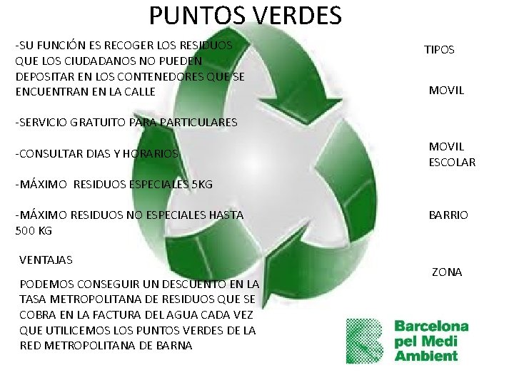 PUNTOS VERDES -SU FUNCIÓN ES RECOGER LOS RESIDUOS QUE LOS CIUDADANOS NO PUEDEN DEPOSITAR