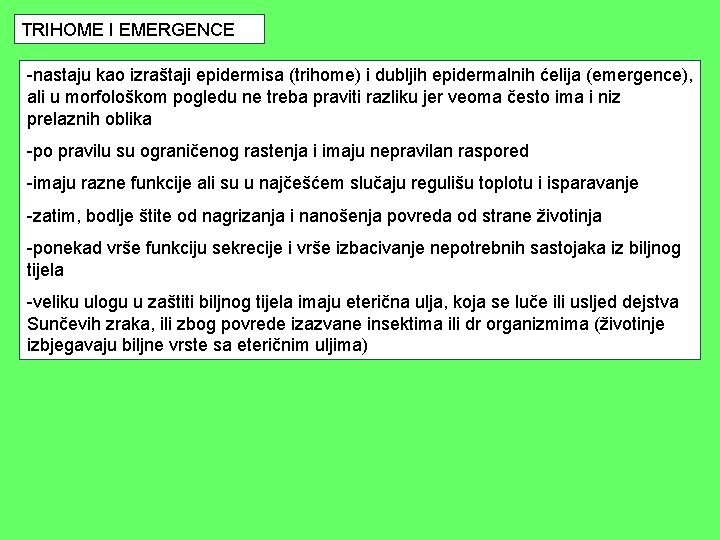 TRIHOME I EMERGENCE -nastaju kao izraštaji epidermisa (trihome) i dubljih epidermalnih ćelija (emergence), ali TRIHOME I EMERGENCE -nastaju kao izraštaji epidermisa (trihome) i dubljih epidermalnih ćelija (emergence), ali