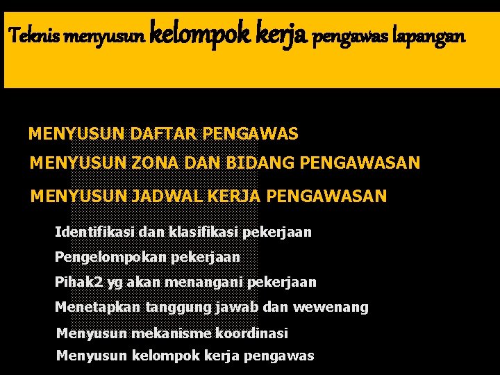 Teknis menyusun kelompok kerja pengawas lapangan MENYUSUN DAFTAR PENGAWAS MENYUSUN ZONA DAN BIDANG PENGAWASAN