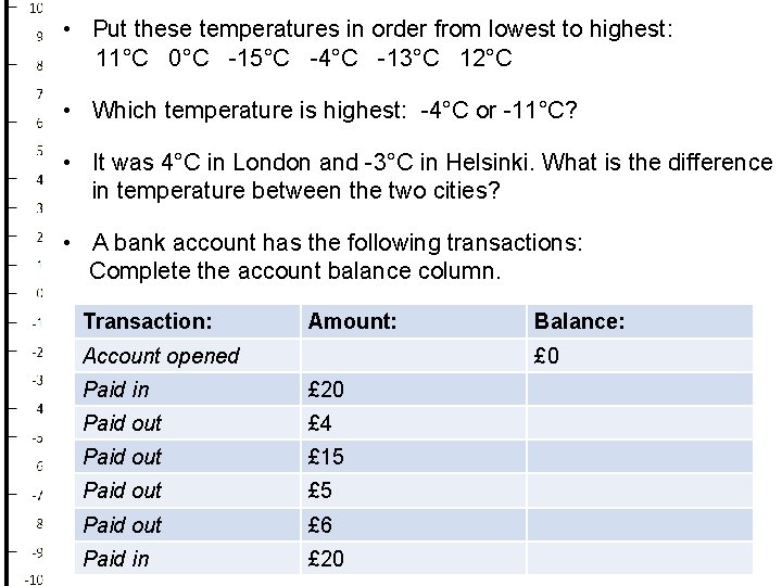  • Put these temperatures in order from lowest to highest: 11°C 0°C -15°C