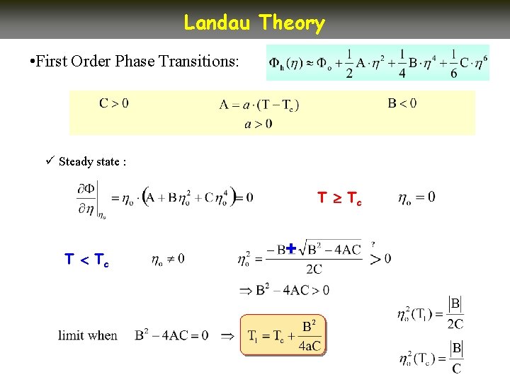 Landau Theory • First Order Phase Transitions: ü Steady state : T Tc + Landau Theory • First Order Phase Transitions: ü Steady state : T Tc +