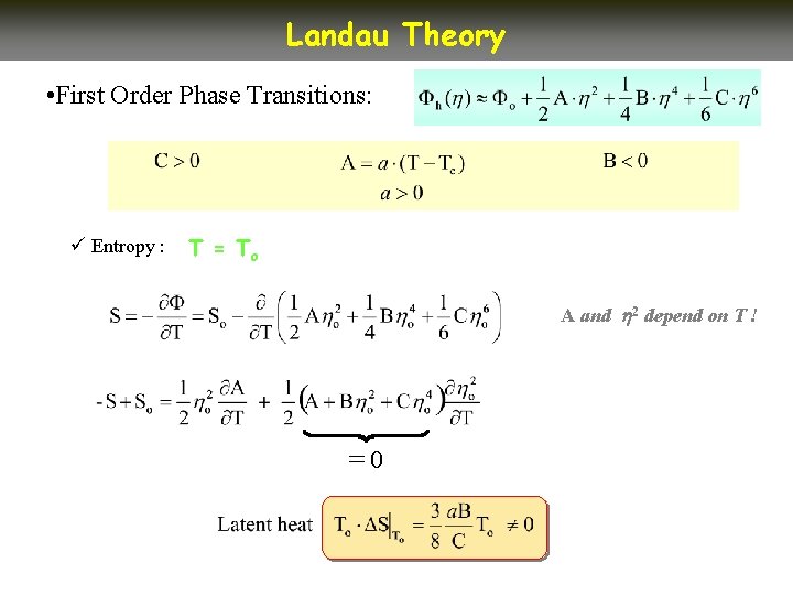 Landau Theory • First Order Phase Transitions: ü Entropy : T = To A Landau Theory • First Order Phase Transitions: ü Entropy : T = To A