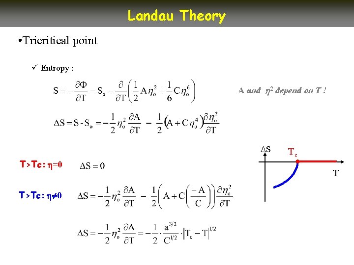 Landau Theory • Tricritical point ü Entropy : A and 2 depend on T Landau Theory • Tricritical point ü Entropy : A and 2 depend on T