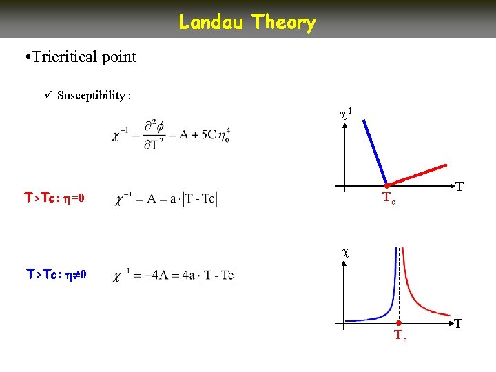 Landau Theory • Tricritical point ü Susceptibility : -1 T>Tc: =0 Tc T T>Tc: Landau Theory • Tricritical point ü Susceptibility : -1 T>Tc: =0 Tc T T>Tc:
