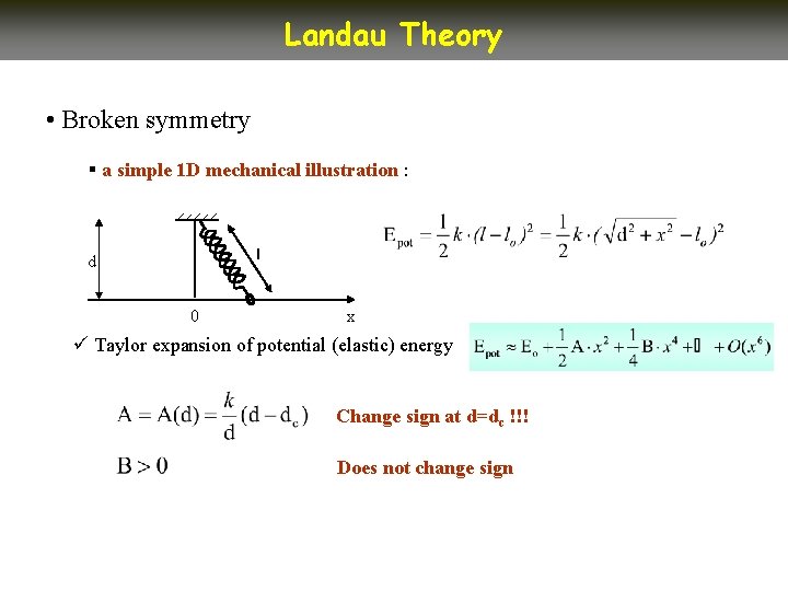 Landau Theory • Broken symmetry § a simple 1 D mechanical illustration : l Landau Theory • Broken symmetry § a simple 1 D mechanical illustration : l