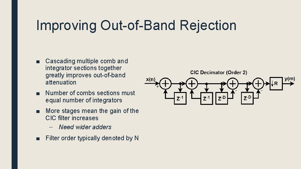 Improving Out-of-Band Rejection ■ Cascading multiple comb and integrator sections together greatly improves out-of-band