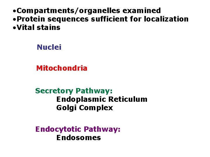  • Compartments/organelles examined • Protein sequences sufficient for localization • Vital stains Nuclei