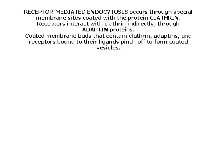 RECEPTOR-MEDIATED ENDOCYTOSIS occurs through special membrane sites coated with the protein CLATHRIN. Receptors interact