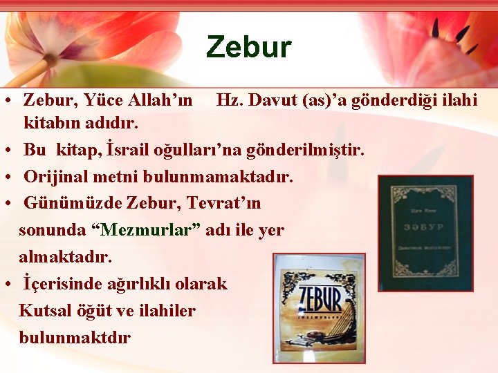 Zebur • Zebur, Yüce Allah’ın Hz. Davut (as)’a gönderdiği ilahi kitabın adıdır. • Bu