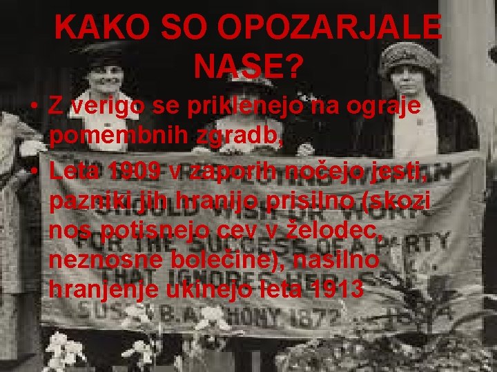 KAKO SO OPOZARJALE NASE? • Z verigo se priklenejo na ograje pomembnih zgradb, •