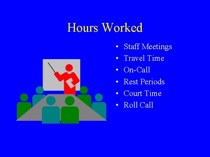 Hours Worked • • • Staff Meetings Travel Time On-Call Rest Periods Court Time