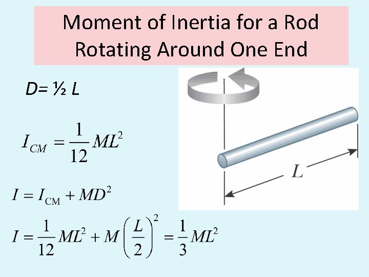 Moment of Inertia for a Rod Rotating Around One End D= ½ L 