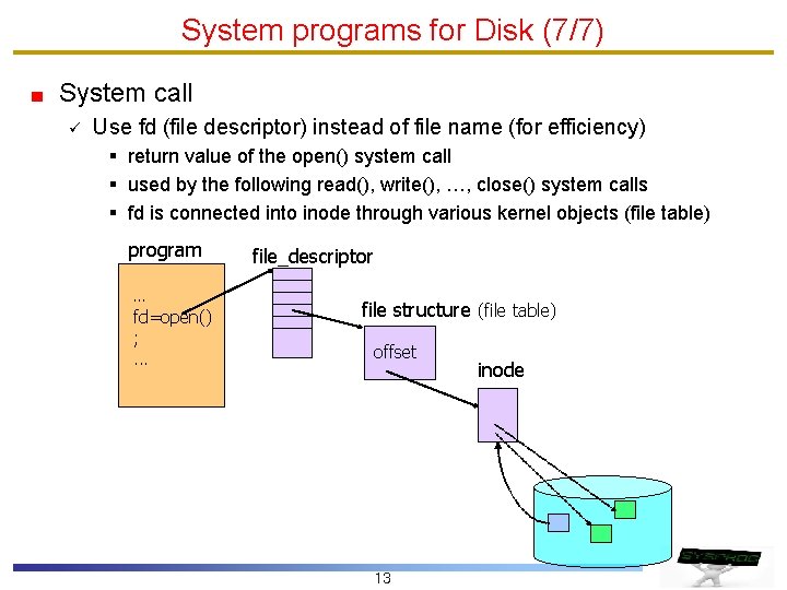 System programs for Disk (7/7) System call ü Use fd (file descriptor) instead of