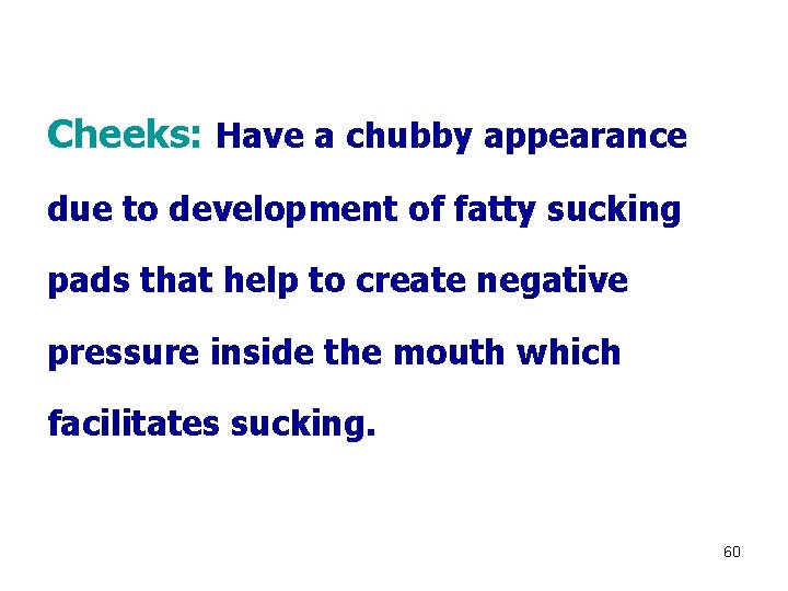 Cheeks: Have a chubby appearance due to development of fatty sucking pads that help