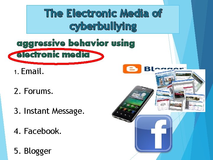 The Electronic Media of cyberbullying aggressive behavior using electronic media 1. Email. 2. Forums.