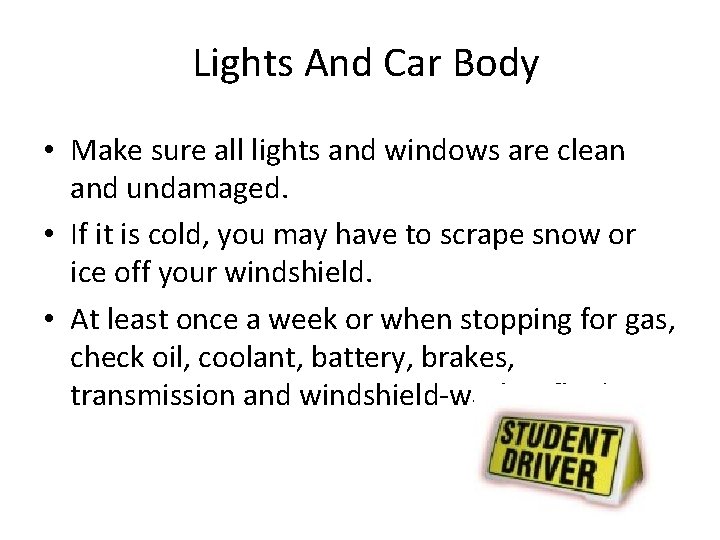 Lights And Car Body • Make sure all lights and windows are clean and