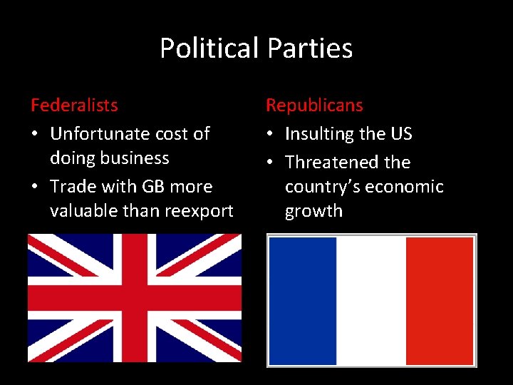 Political Parties Federalists • Unfortunate cost of doing business • Trade with GB more