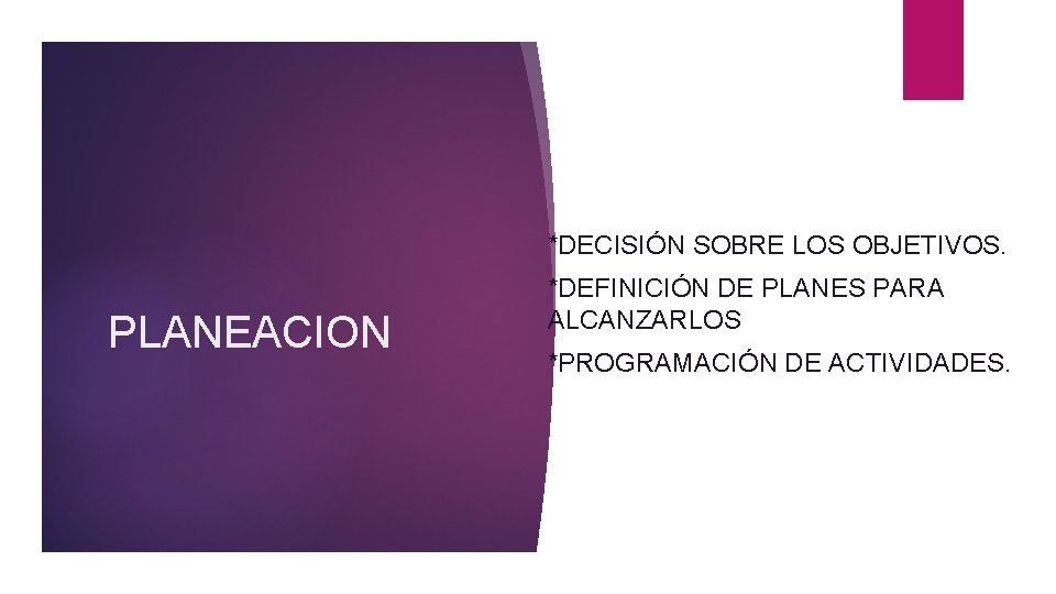 *DECISIÓN SOBRE LOS OBJETIVOS. PLANEACION *DEFINICIÓN DE PLANES PARA ALCANZARLOS *PROGRAMACIÓN DE ACTIVIDADES. 