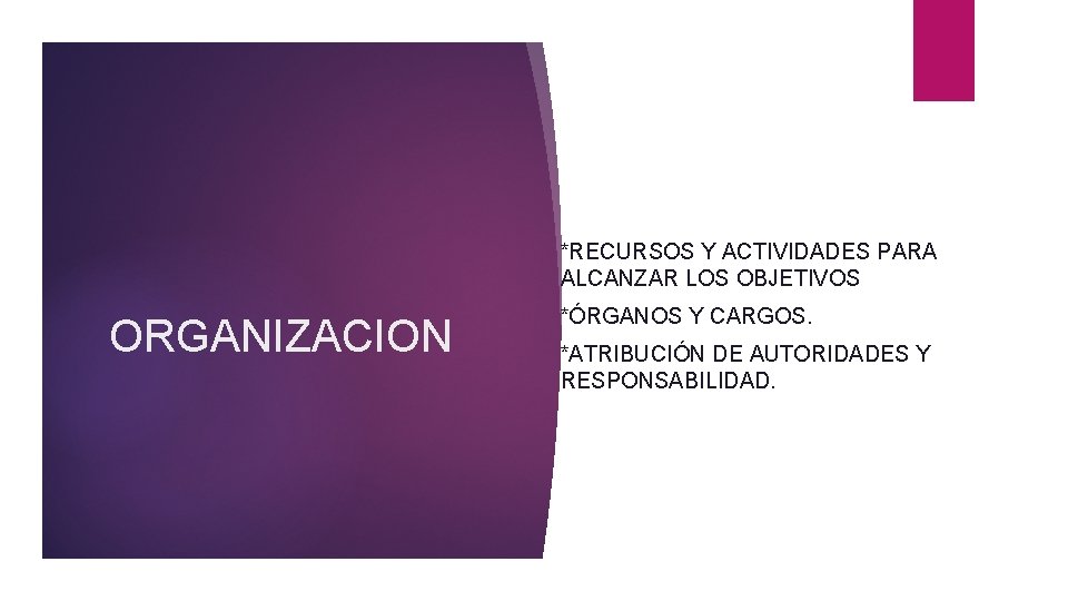 *RECURSOS Y ACTIVIDADES PARA ALCANZAR LOS OBJETIVOS ORGANIZACION *ÓRGANOS Y CARGOS. *ATRIBUCIÓN DE AUTORIDADES