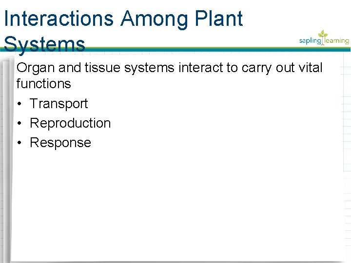 Interactions Among Plant Systems Organ and tissue systems interact to carry out vital functions