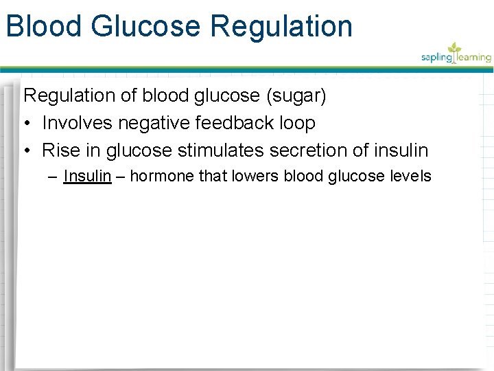 Blood Glucose Regulation of blood glucose (sugar) • Involves negative feedback loop • Rise