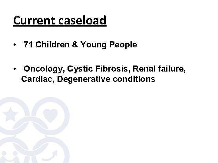 Current caseload • 71 Children & Young People • Oncology, Cystic Fibrosis, Renal failure,