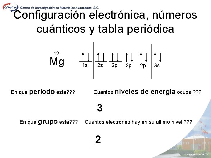 Configuración electrónica, números cuánticos y tabla periódica 12 Mg En que periodo esta? ?