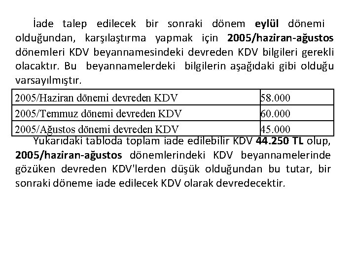 İade talep edilecek bir sonraki dönem eylül dönemi olduğundan, karşılaştırma yapmak için 2005/haziran-ağustos dönemleri