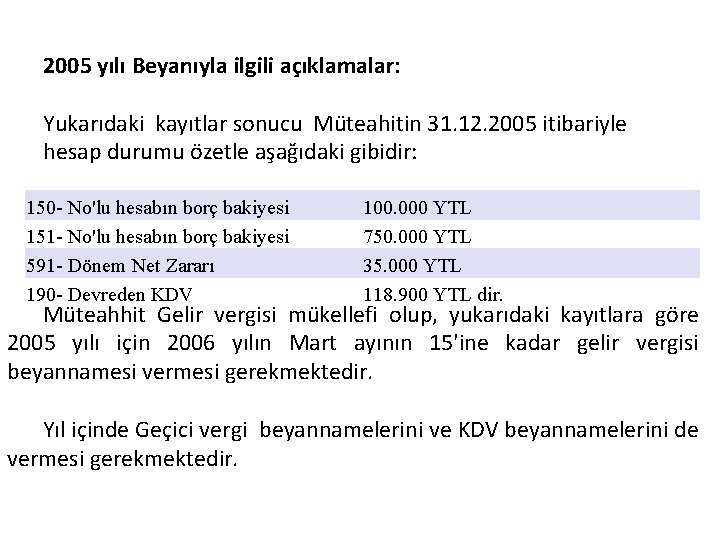 2005 yılı Beyanıyla ilgili açıklamalar: Yukarıdaki kayıtlar sonucu Müteahitin 31. 12. 2005 itibariyle hesap