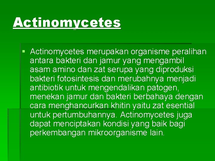 Actinomycetes § Actinomycetes merupakan organisme peralihan antara bakteri dan jamur yang mengambil asam amino