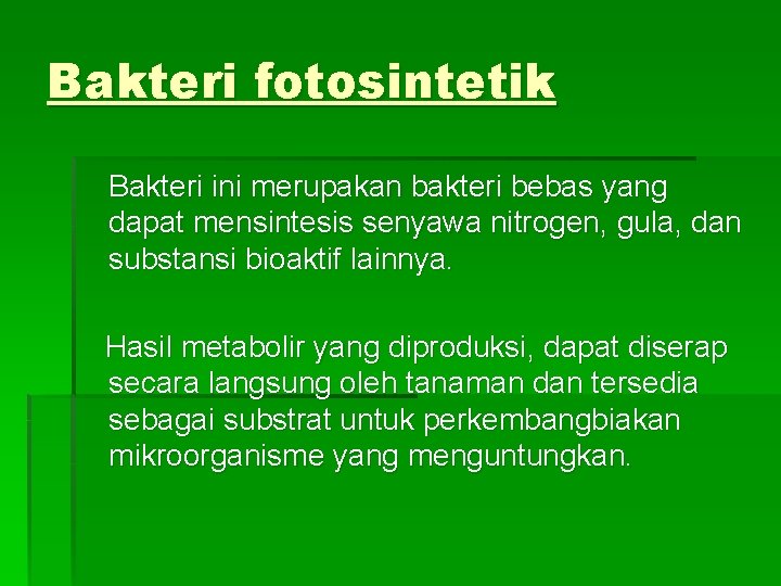 Bakteri fotosintetik Bakteri ini merupakan bakteri bebas yang dapat mensintesis senyawa nitrogen, gula, dan