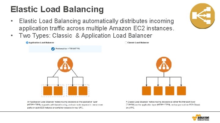 Elastic Load Balancing • Elastic Load Balancing automatically distributes incoming application traffic across multiple