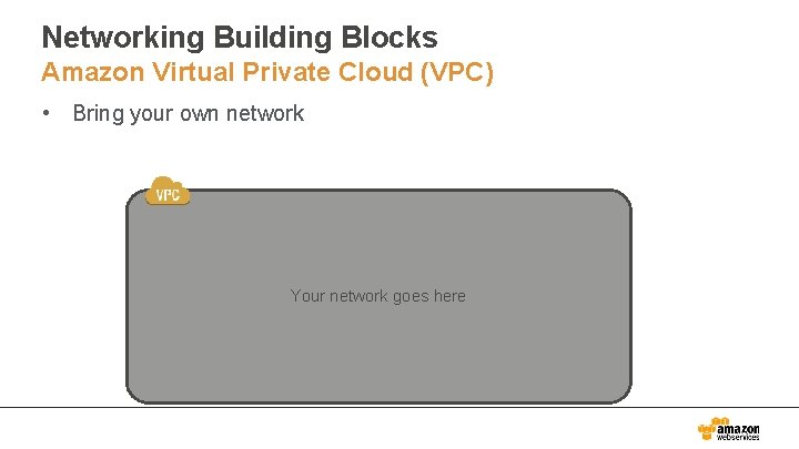 Networking Building Blocks Amazon Virtual Private Cloud (VPC) • Bring your own network Your