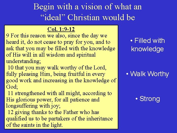 Begin with a vision of what an “ideal” Christian would be Col. 1: 9
