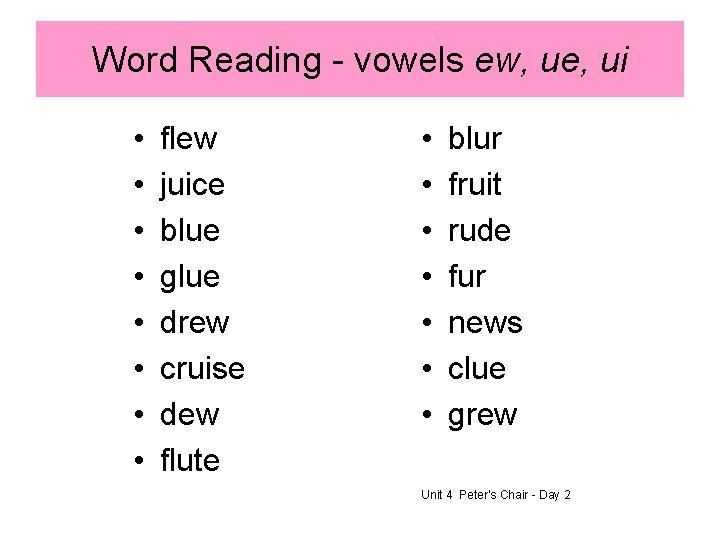 Word Reading - vowels ew, ue, ui • • flew juice blue glue drew