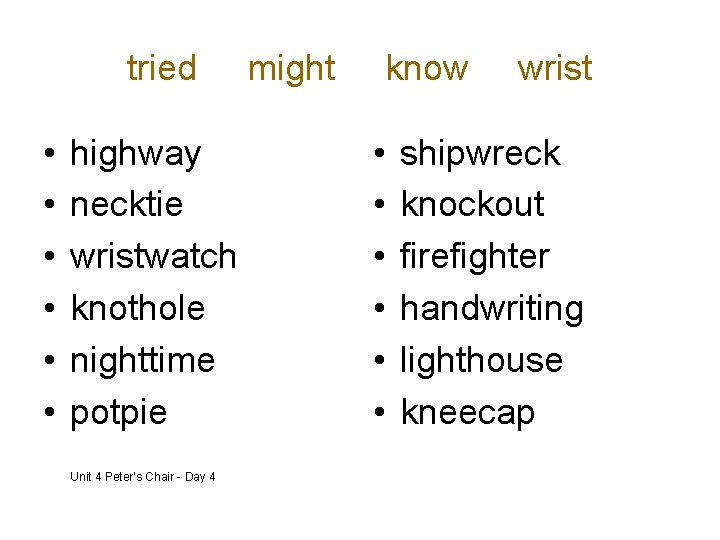 tried • • • highway necktie wristwatch knothole nighttime potpie Unit 4 Peter’s Chair