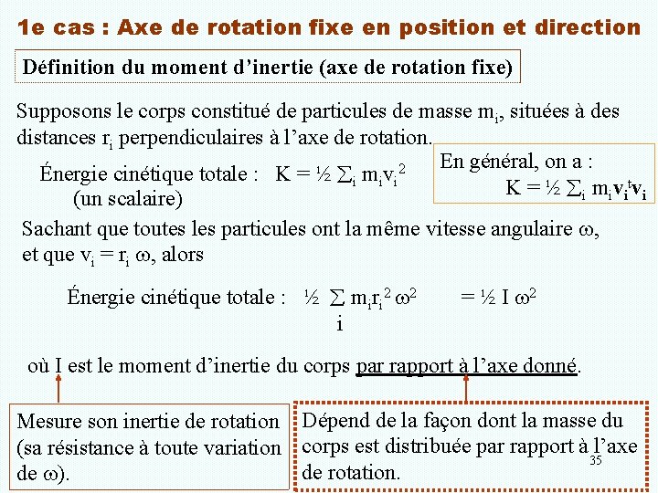 1 e cas : Axe de rotation fixe en position et direction Définition du