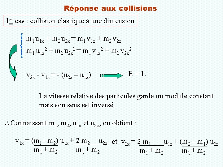 Réponse aux collisions 1 er cas : collision élastique à une dimension m 1