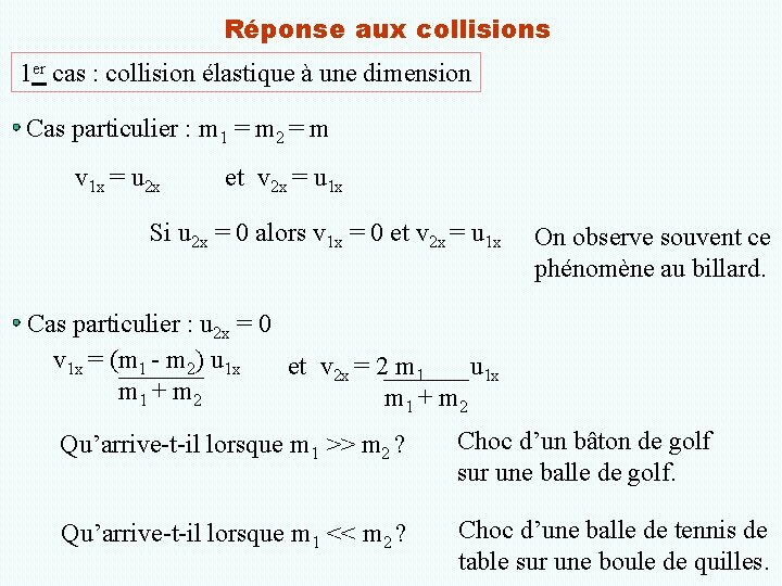 Réponse aux collisions 1 er cas : collision élastique à une dimension Cas particulier