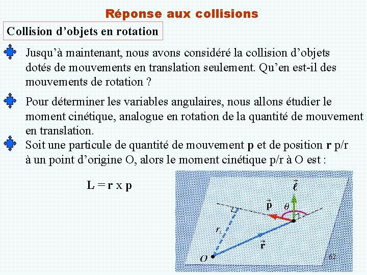 Réponse aux collisions Collision d’objets en rotation Jusqu’à maintenant, nous avons considéré la collision